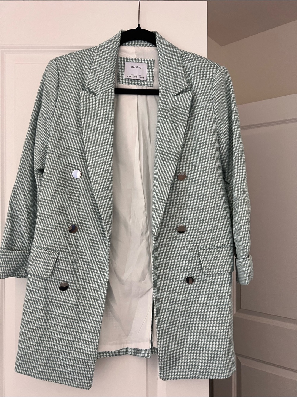 Bershka Mint Green Houndstooth Double-Breasted Blazer